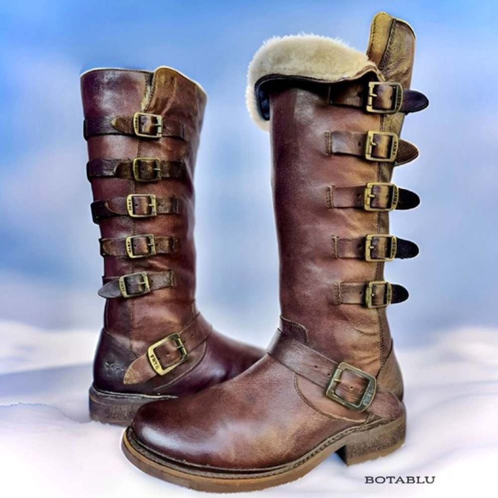 FRYE Valerie Belted Shearling Brown Tall Biker Moto Motorcycle Winter Boots 8